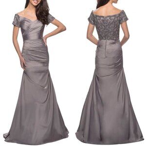 La Femme 25996 Embellished Pleated Trumpet Off Shoulder Satin Gown in Si…